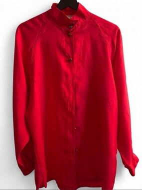 Bright Red Button-Up Mandarin Collar Shirt